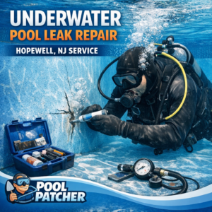 Technician repairing a pool leak underwater with specialized tools in Hopewell, NJ.