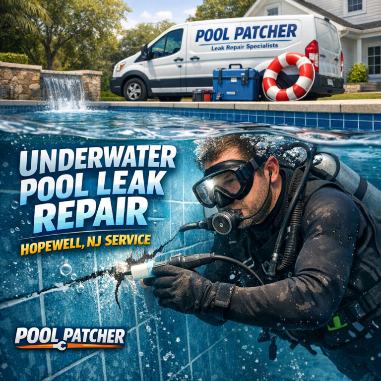 Technician performing underwater pool leak repair in a residential pool in Hopewell, NJ.