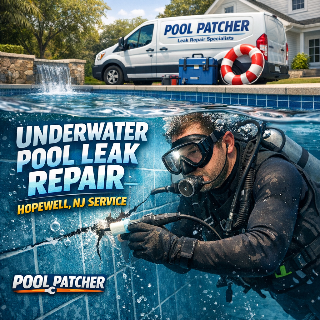 Technician performing underwater pool leak repair in a residential pool in Hopewell, NJ.