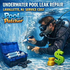 Technician repairing underwater pool leak in Lavallette, NJ with equipment near pool wall.
