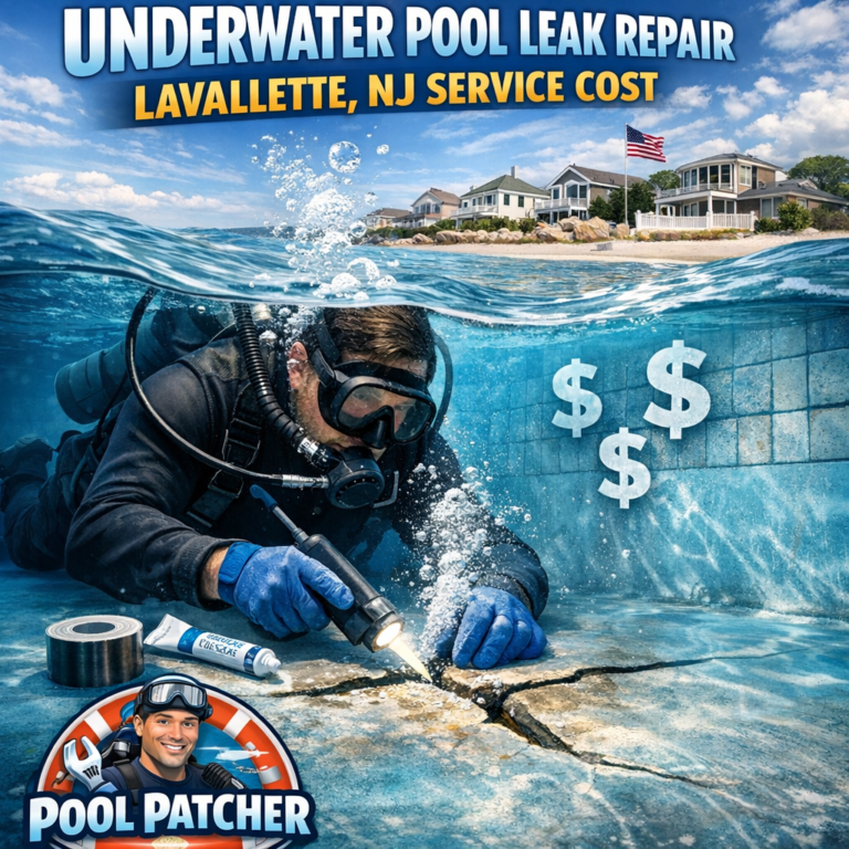 Technician repairing an underwater pool leak with specialized equipment in Lavallette, NJ.