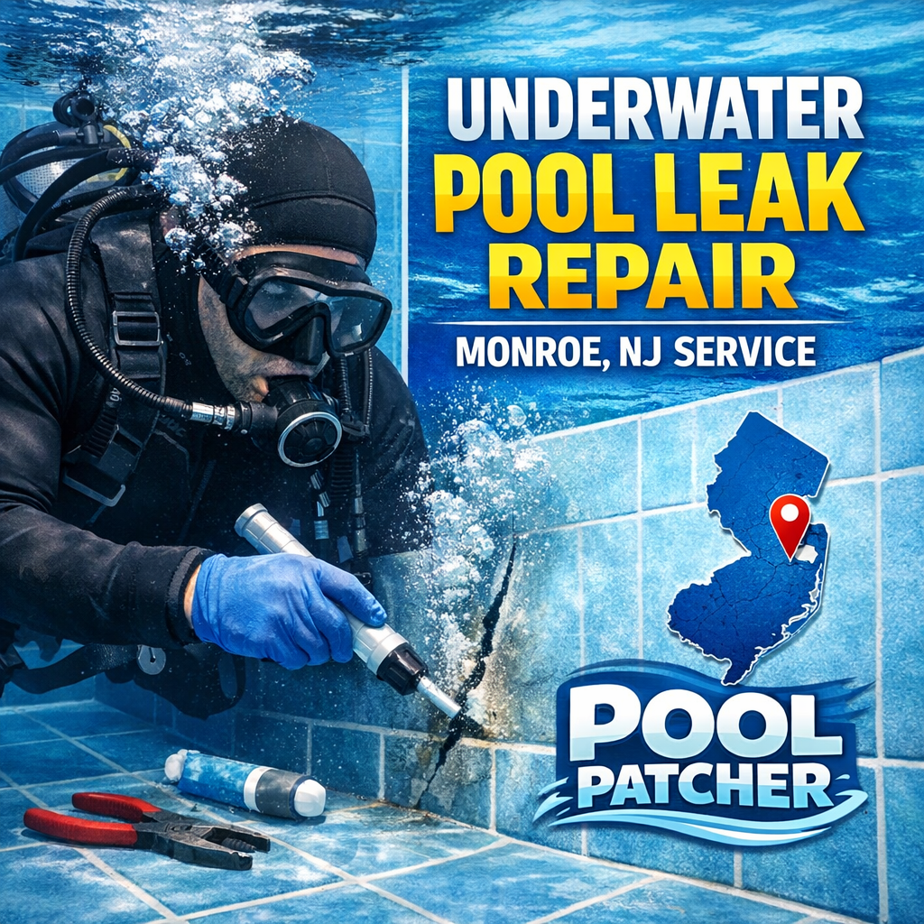Technician performing underwater pool leak repair in Monroe, NJ using specialized equipment.