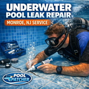 Technician performing underwater pool leak repair in Monroe, NJ, using specialized tools and equipment.