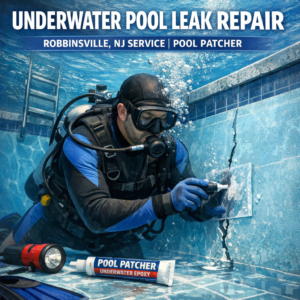 Technician performing underwater pool leak repair in Robbinsville, NJ using professional pool patching tools.