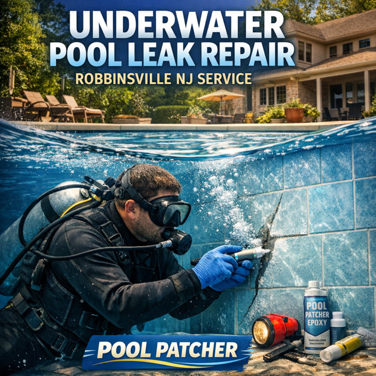 Technician performing underwater pool leak repair in a residential pool in Robbinsville, NJ.