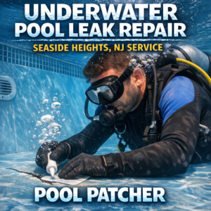Professional repairing an underwater pool leak in Seaside Heights, NJ, wearing diving gear and using repair tools.