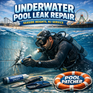 Professional diver repairing underwater pool leak with patching tools in Seaside Heights, NJ swimming pool.