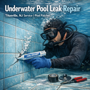 A professional repairing an underwater pool leak using a patch in a residential pool in Titusville, NJ.