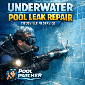 Technician repairing an underwater pool leak with a patch in Titusville, NJ.