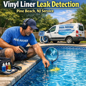 Technician using equipment to detect a vinyl liner pool leak in Pine Beach, NJ.