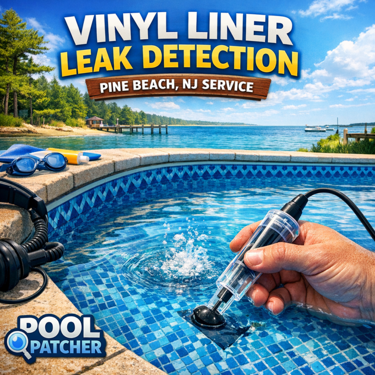 Technician inspecting a vinyl pool liner for leaks with specialized equipment near a pool in Pine Beach, NJ.