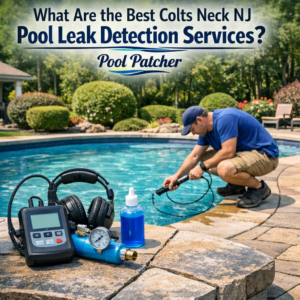 Technician using advanced equipment to detect pool leaks in a backyard pool in Colts Neck, NJ.