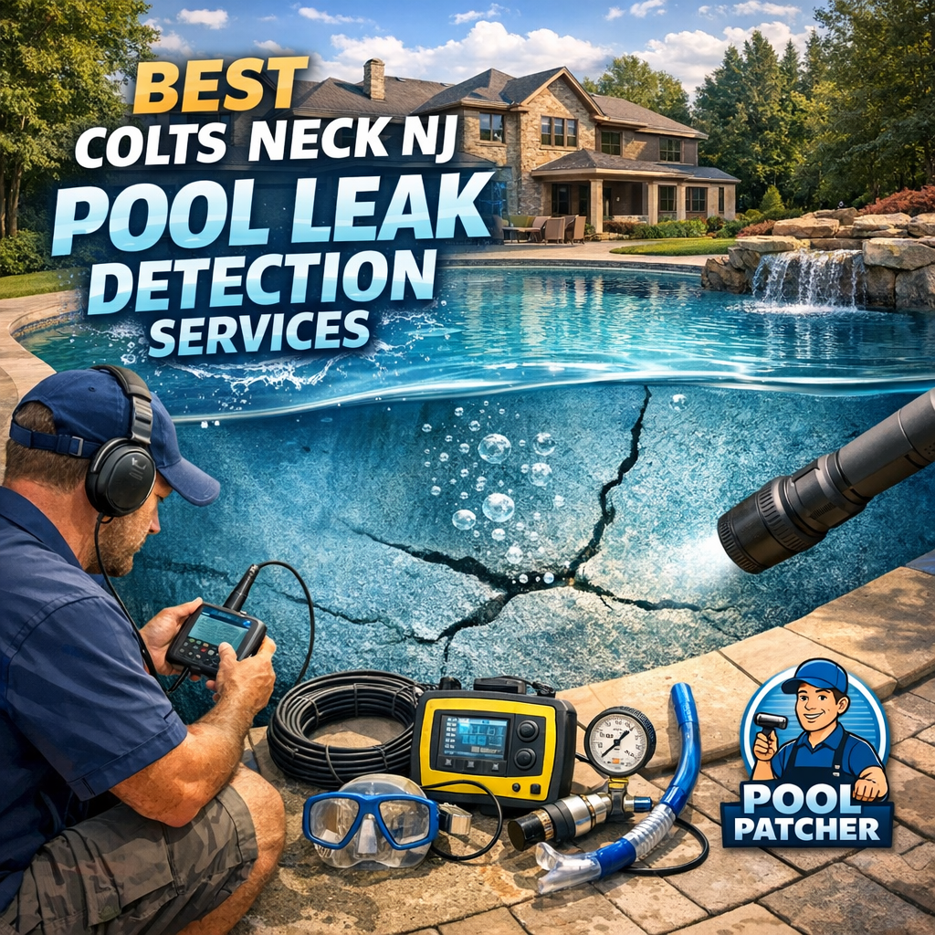 Technician using advanced equipment to detect pool leaks in a Colts Neck, NJ backyard pool.