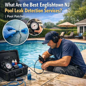 Technician using advanced equipment to detect pool leaks in Englishtown NJ backyard pool.