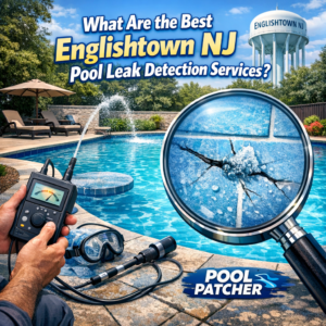 Technician using advanced equipment to detect pool leaks in Englishtown, NJ backyard pool.