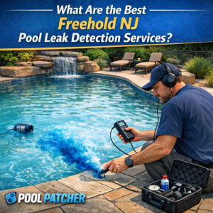 Technician using advanced equipment to detect pool leaks in a residential backyard pool in Freehold, NJ.