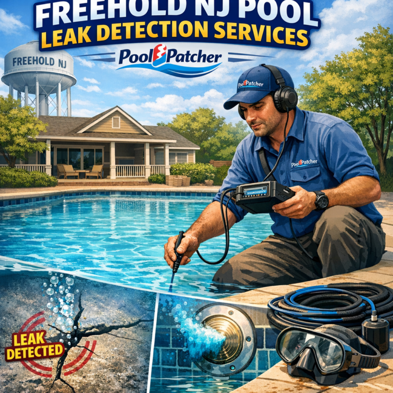 Technician uses specialized equipment to detect pool leaks in a residential backyard pool in Freehold, NJ.