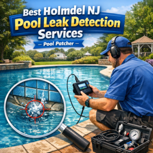 Technician using specialized equipment to detect leaks in a residential swimming pool in Holmdel, NJ.
