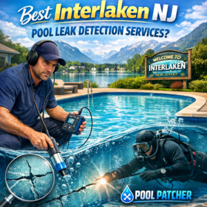 Technician inspecting a backyard pool with leak detection equipment in Interlaken, NJ.