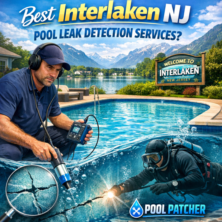 Technician inspecting a backyard pool with leak detection equipment in Interlaken, NJ.