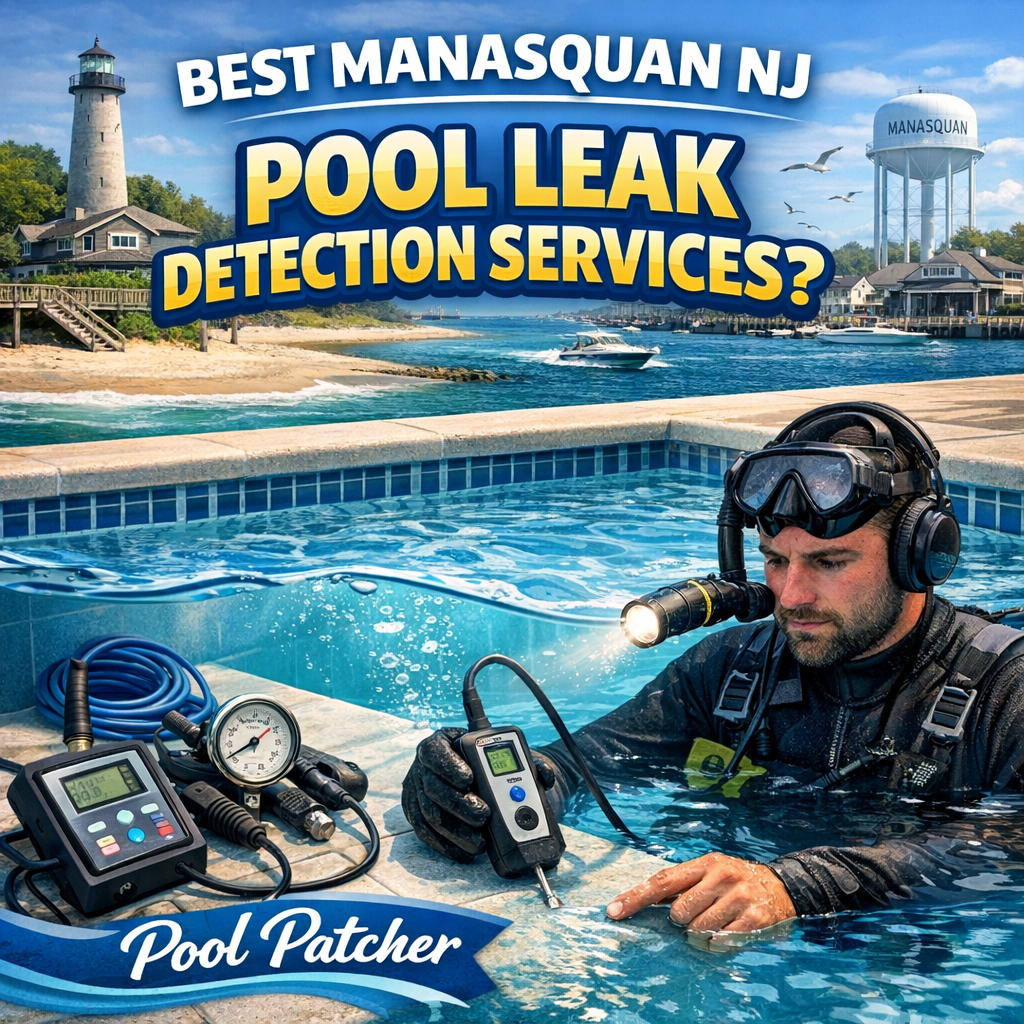 Technician using electronic equipment to detect pool leaks in a backyard pool in Manasquan, NJ.