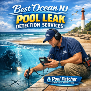 Technician inspecting an underwater pool for leaks using advanced detection equipment in Ocean, NJ.