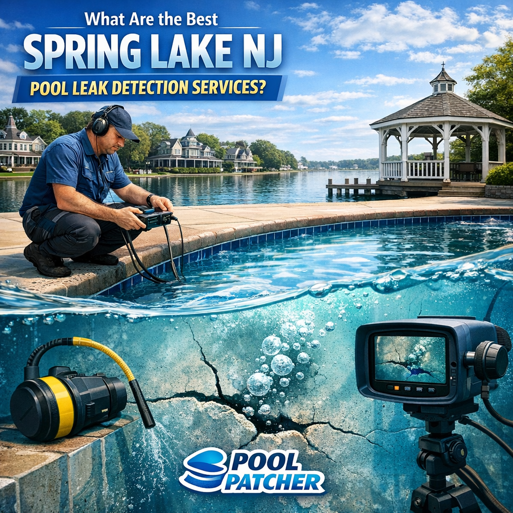 Technician using electronic equipment to detect a pool leak in a residential backyard pool.