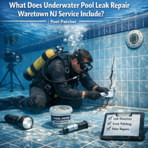 Technician repairing an underwater pool leak, patching cracks and valves in a pool in Watertown, NJ.