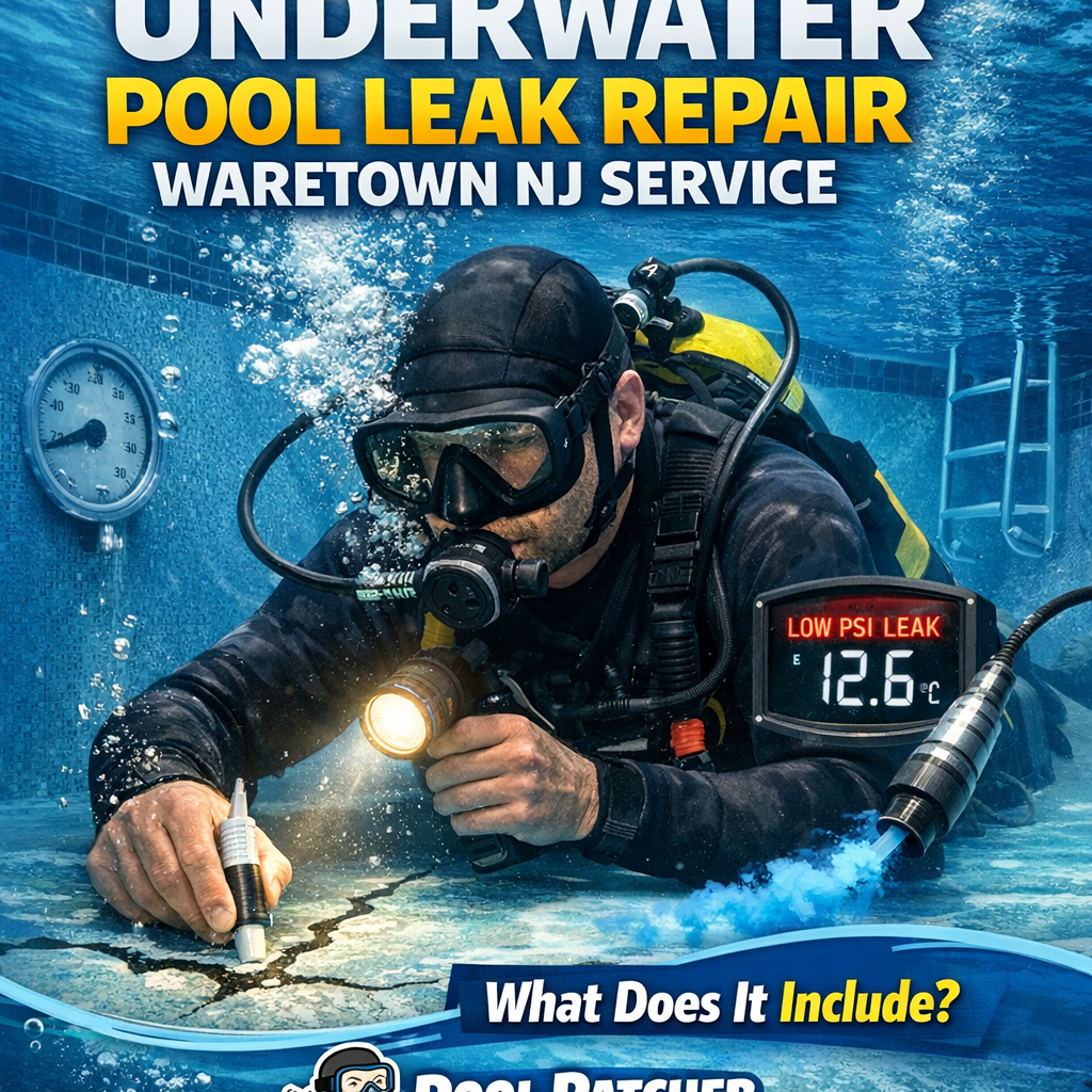 Professional diver performing underwater pool leak repair in a residential pool in Waretown, NJ.