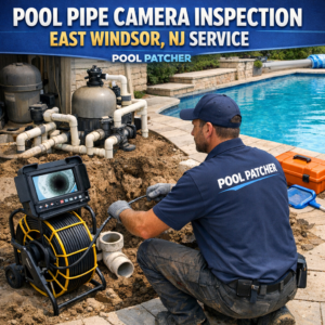 Technician using a camera inspection tool inside a pool pipe for professional plumbing diagnostics.