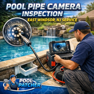 Technician performing pool pipe camera inspection using specialized equipment in East Windsor, NJ.