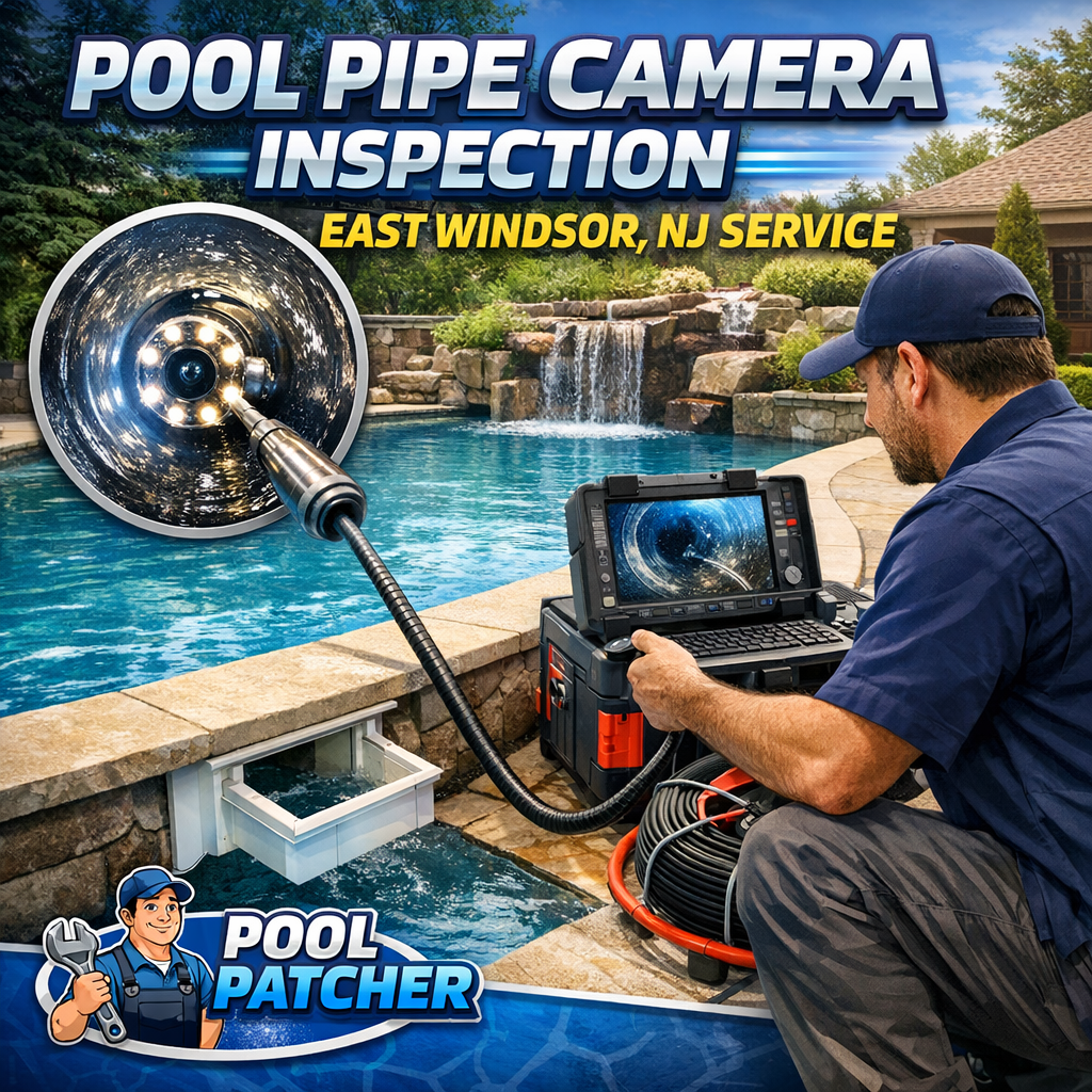 Technician performing pool pipe camera inspection using specialized equipment in East Windsor, NJ.