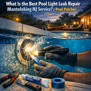 Technician repairing a pool light leak using Pool Patcher epoxy in a residential pool in Mantoloking, NJ.