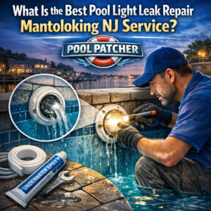 Technician repairing a pool light leak underwater using specialized tools in Mantoloking, NJ.