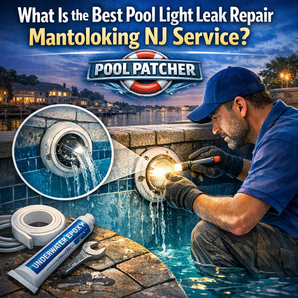Technician repairing a pool light leak underwater using specialized tools in Mantoloking, NJ.