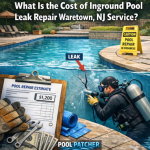 A professional diver inspects an inground pool leak with repair equipment in Watertown, NJ.