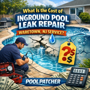 Diagram showing factors affecting inground pool leak repair costs in Waretown, NJ by Pool Patcher.