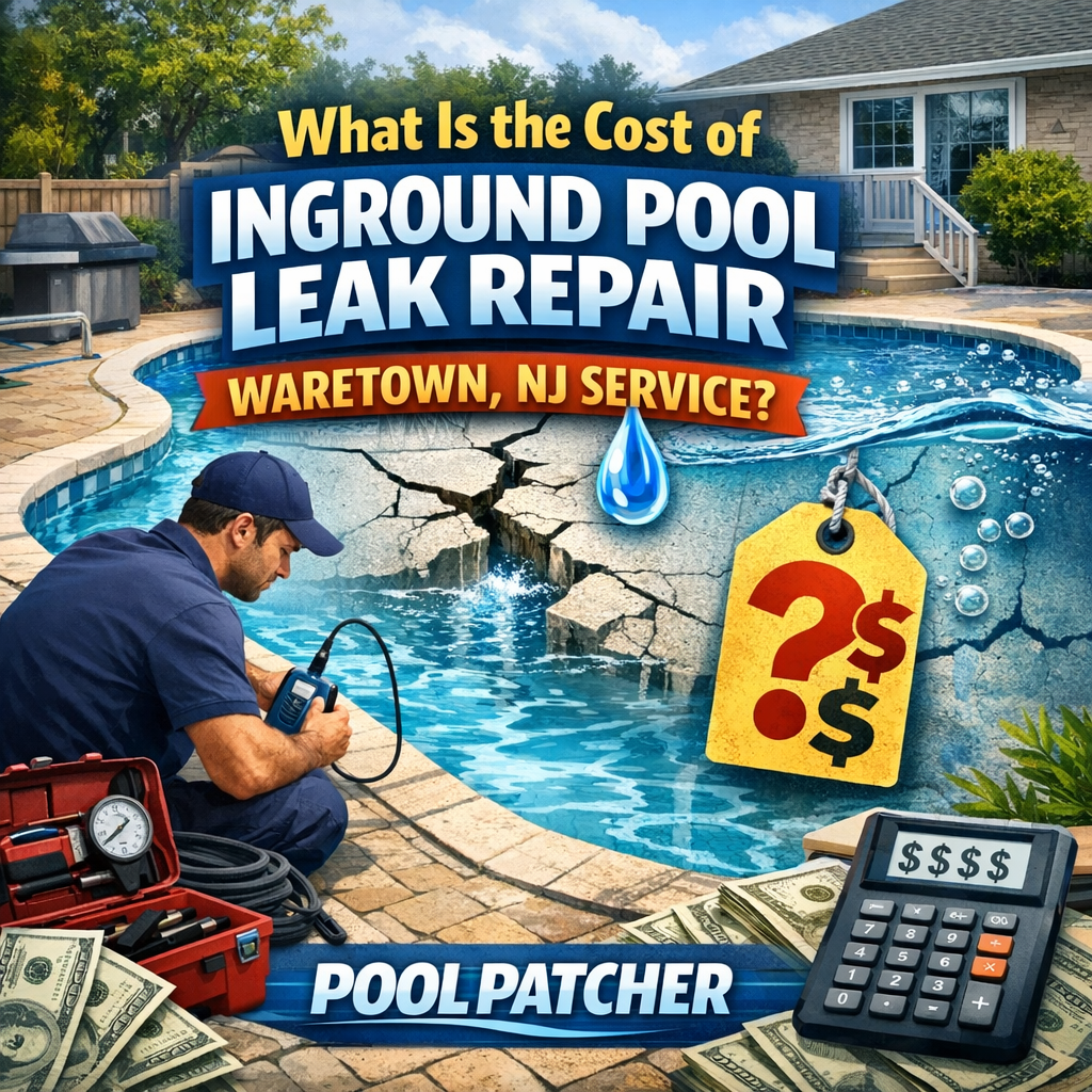 Diagram showing factors affecting inground pool leak repair costs in Waretown, NJ by Pool Patcher.