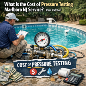 Technician performing pressure testing on pool equipment in Marlboro, NJ, assessing service costs.