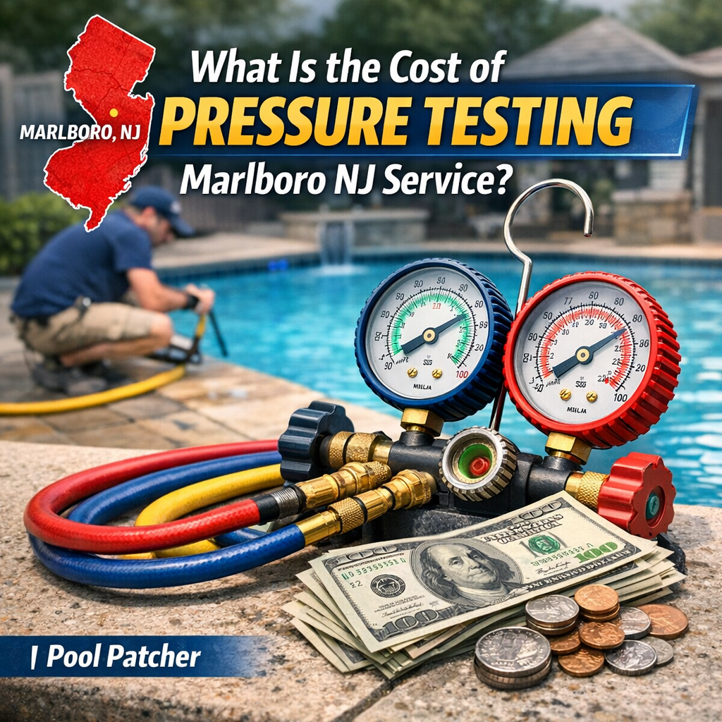 Pool pressure testing equipment and cash representing service cost in Marlboro, NJ.