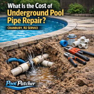 Diagram showing cost factors and services for underground pool pipe repair in Cranbury, NJ.