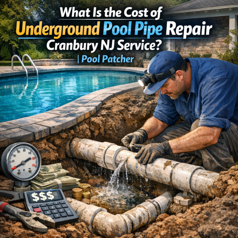 Diagram showing cost breakdown for underground pool pipe repair services in Cranbury, NJ by Pool Patcher.