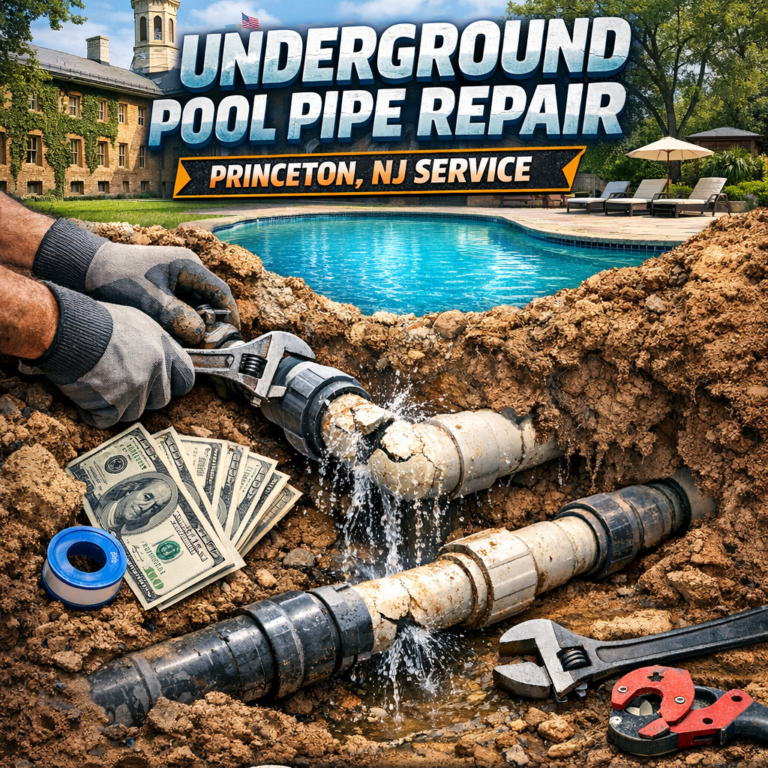 Professional plumber repairing underground pool pipe with tools in Princeton, NJ to fix water leak.