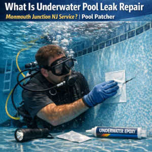 Professional diver repairing an underwater pool leak with epoxy in Monmouth Junction, NJ.