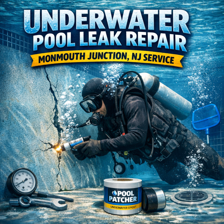 Professional diver performing underwater pool leak repair using Pool Patcher in Monmouth Junction, NJ.