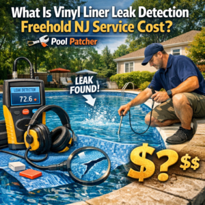 Technician using leak detection equipment near a vinyl liner pool in Freehold, NJ.