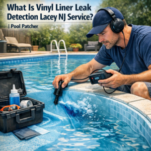 Technician using equipment to detect leaks in a vinyl liner swimming pool in Lacey, NJ.