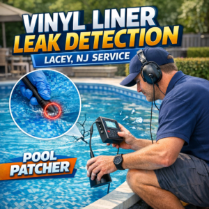 Technician inspecting a vinyl pool liner for leaks using specialized equipment in Lacey, NJ.
