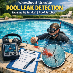 Technician using advanced equipment to detect pool leaks during a professional service in Neptune, NJ.