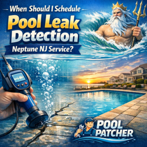 Diagram showing a calendar highlighting optimal months for scheduling pool leak detection in Neptune, NJ.